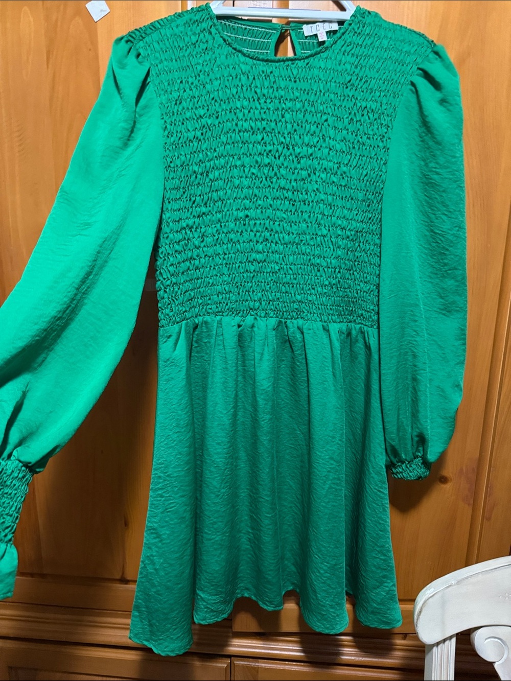 TCEC ladies Emerald Green Smocked Yoke Long-Sleeve Dress